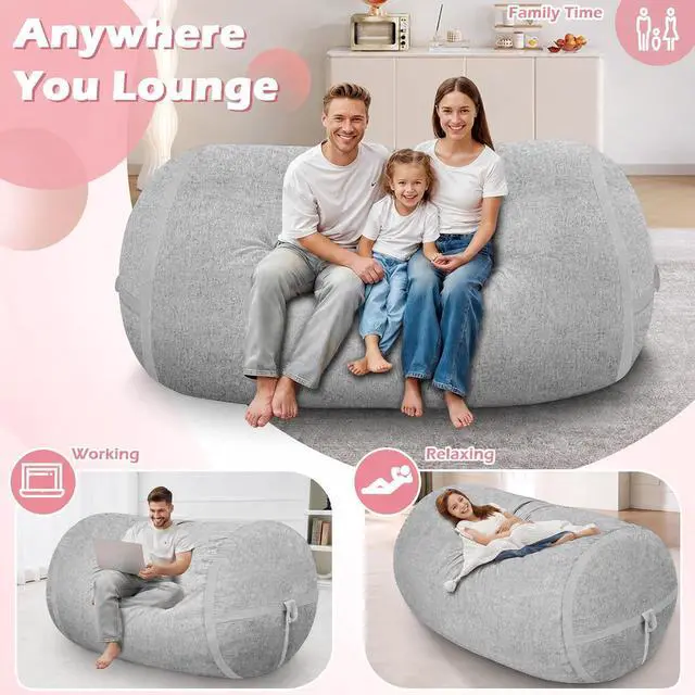 Alt view image 4 of 6 - 6FT Bean Bag Chair,Giant BeanBag Chairs with Memory Foam Filled, Ultra-Soft Velvet with Portable Handle & Removable Cover, Comfy Bean Bag Sofa for Living Room, No Assembly - Light Grey