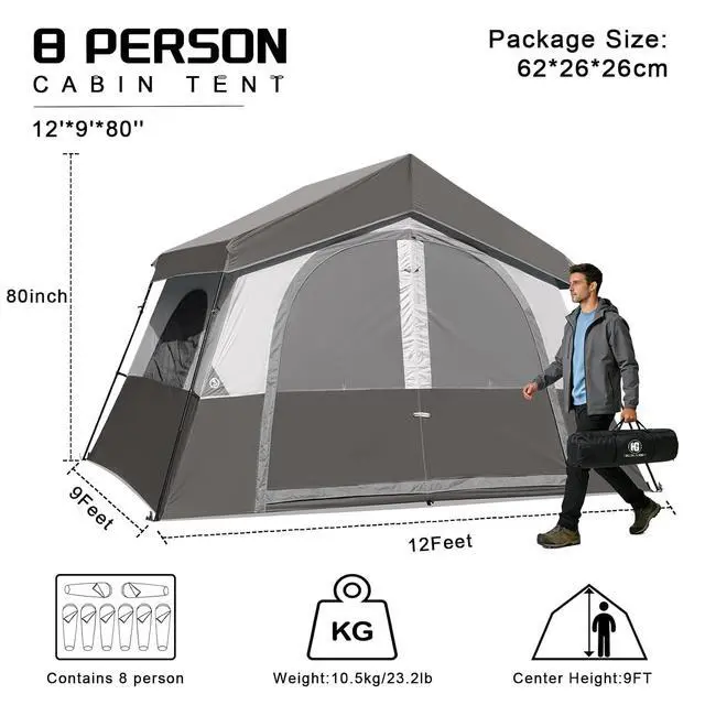 Alt view image 2 of 7 - 6-8 Person Camping Tent, Portable Cabin Tent for Camp, Windproof Fabric Easy Set Up Family Tent Outdoor for Hiking, Backpacking, Traveling