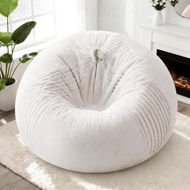 Alt view image 3 of 7 - 5FT Bean Bag Chairs Teardrop Bean Bag Chairs for Adults Beanbag Chair with Memory Foam Filled Soft Stripe Leaf alongside Plush Faux Fur Washable Cover for Dorm, Bedroom(Stripe WH)