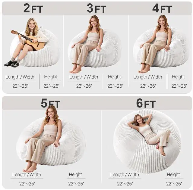 Alt view image 2 of 7 - 5FT Bean Bag Chairs Teardrop Bean Bag Chairs for Adults Beanbag Chair with Memory Foam Filled Soft Plush Leaf alongside Stripe Faux Fur Washable Cover for Dorm, Bedroom(Plush WH)