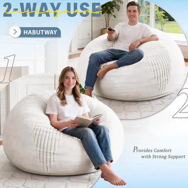 Alt view image 4 of 7 - 5FT Bean Bag Chairs Teardrop Bean Bag Chairs for Adults Beanbag Chair with Memory Foam Filled Soft Stripe Leaf alongside Plush Faux Fur Washable Cover for Dorm, Bedroom(Stripe WH)