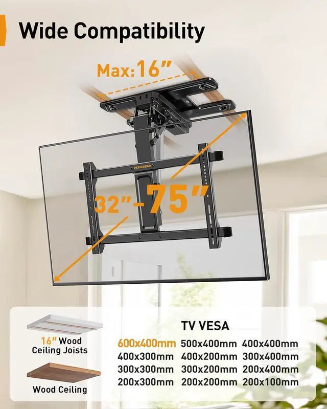 Alt view image 2 of 7 - Electric Ceiling TV Mount with App & Remote, Motorized Ceiling Mount Full Motion for 32-75 Flat and Curved TVs up to 110 lbs, Max VESA 600x400mm, Flip Down TV Mount for Flat Roof, PGCM12B