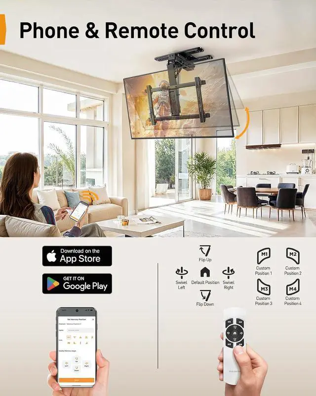 Alt view image 4 of 7 - Electric Ceiling TV Mount with App & Remote, Motorized Ceiling Mount Full Motion for 32-75 Flat and Curved TVs up to 110 lbs, Max VESA 600x400mm, Flip Down TV Mount for Flat Roof, PGCM12B