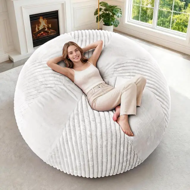 Main image of 6FT Bean Bag Chairs Teardrop Bean Bag Chairs for Adults Beanbag Chair with Memory Foam Filled Soft Plush Leaf alongside Stripe Faux Fur Washable Cover for Dorm, Bedroom(Plush WH)