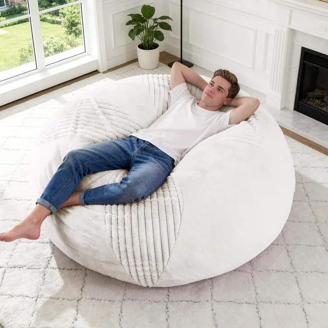 Alt view image 7 of 7 - 5FT Bean Bag Chairs Teardrop Bean Bag Chairs for Adults Beanbag Chair with Memory Foam Filled Soft Stripe Leaf alongside Plush Faux Fur Washable Cover for Dorm, Bedroom(Stripe WH)