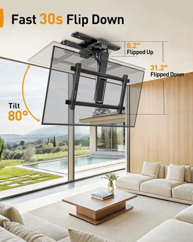 Alt view image 5 of 7 - Electric Ceiling TV Mount with App & Remote, Motorized Ceiling Mount Full Motion for 32-75 Flat and Curved TVs up to 110 lbs, Max VESA 600x400mm, Flip Down TV Mount for Flat Roof, PGCM12B