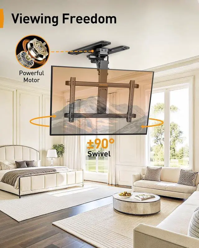Alt view image 6 of 7 - Electric Ceiling TV Mount with App & Remote, Motorized Ceiling Mount Full Motion for 32-75 Flat and Curved TVs up to 110 lbs, Max VESA 600x400mm, Flip Down TV Mount for Flat Roof, PGCM12B