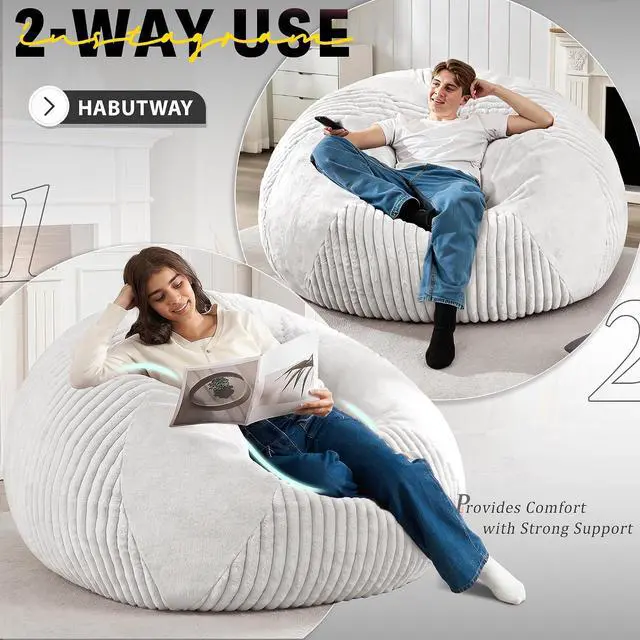 Alt view image 4 of 7 - 6FT Bean Bag Chairs Teardrop Bean Bag Chairs for Adults Beanbag Chair with Memory Foam Filled Soft Plush Leaf alongside Stripe Faux Fur Washable Cover for Dorm, Bedroom(Plush WH)