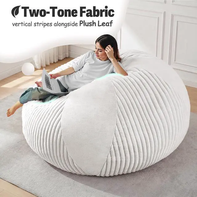 Alt view image 5 of 7 - 6FT Bean Bag Chairs Teardrop Bean Bag Chairs for Adults Beanbag Chair with Memory Foam Filled Soft Plush Leaf alongside Stripe Faux Fur Washable Cover for Dorm, Bedroom(Plush WH)