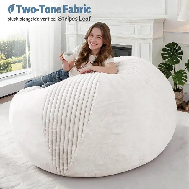 Alt view image 5 of 7 - 5FT Bean Bag Chairs Teardrop Bean Bag Chairs for Adults Beanbag Chair with Memory Foam Filled Soft Stripe Leaf alongside Plush Faux Fur Washable Cover for Dorm, Bedroom(Stripe WH)