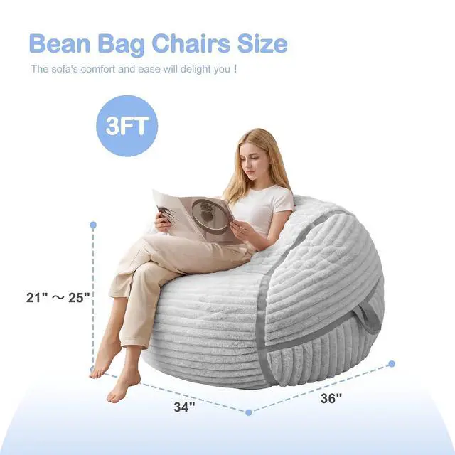 Alt view image 2 of 7 - Bean Bag Chair 3FT Big Bean Bag Chairs for Adults with Memory Foam Filled,3'Beanbag Chair with Soft Faux Fur Cover,Comfy Bean Bag Sofa for Classroom,Living Room,Game Room,Bedroom-Light Grey
