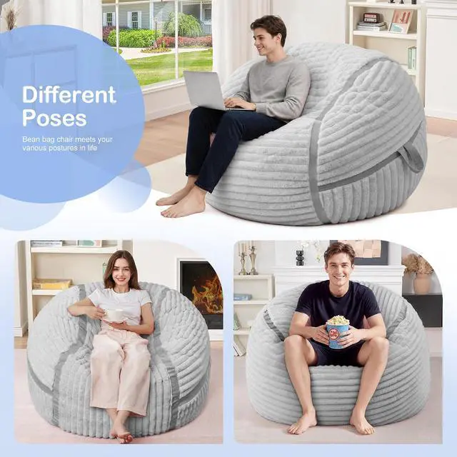 Alt view image 6 of 7 - Bean Bag Chair 3FT Big Bean Bag Chairs for Adults with Memory Foam Filled,3'Beanbag Chair with Soft Faux Fur Cover,Comfy Bean Bag Sofa for Classroom,Living Room,Game Room,Bedroom-Light Grey