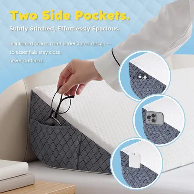 Alt view image 3 of 7 - Queen Size Bed Wedge Pillow for Headboard, Mattress Gap Filler for 0-8" Gap, High-Density Foam with Grip Dots & Side Pockets, Headboard Wedge Pillow (White)