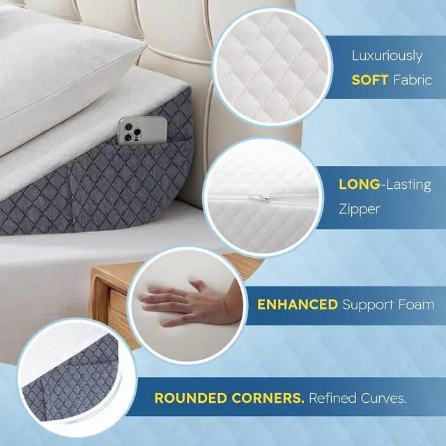 Alt view image 5 of 7 - Queen Size Bed Wedge Pillow for Headboard, Mattress Gap Filler for 0-8" Gap, High-Density Foam with Grip Dots & Side Pockets, Headboard Wedge Pillow (White)
