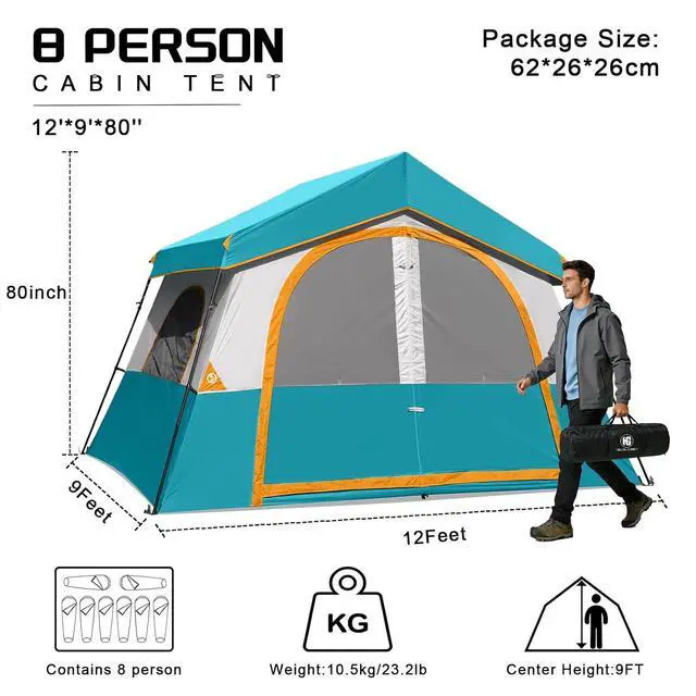 Alt view image 2 of 7 - 6-8 Person Camping Tent, Portable Cabin Tent for Camp, Windproof Fabric Easy Set Up Family Tent Outdoor for Hiking, Backpacking, Traveling