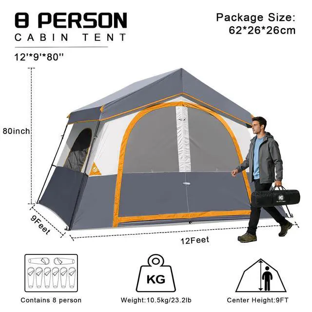 Alt view image 2 of 7 - 6-8 Person Camping Tent, Portable Cabin Tent for Camp, Windproof Fabric Easy Set Up Family Tent Outdoor for Hiking, Backpacking, Traveling