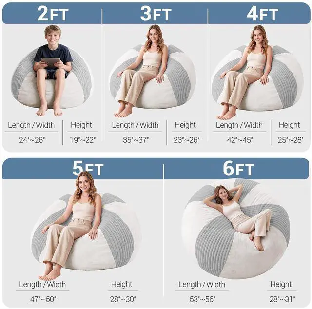 Alt view image 2 of 7 - 4FT Bean Bag Chairs Teardrop Bean Bag Chairs for Adults Beanbag Chair with Memory Foam Filled Soft Stripe Leaf alongside Plush Faux Fur Washable Cover for Dorm, Bedroom(Stripe LGY/WH)