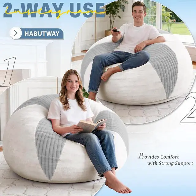 Alt view image 4 of 7 - 5FT Bean Bag Chairs Teardrop Bean Bag Chairs for Adults Beanbag Chair with Memory Foam Filled Soft Stripe Leaf alongside Plush Faux Fur Washable Cover for Dorm, Bedroom(Stripe LGY/WH)