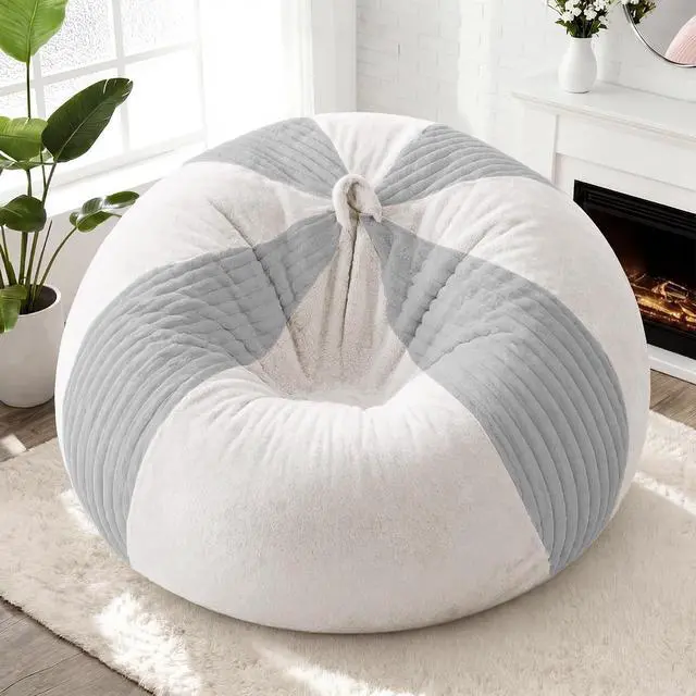 Alt view image 3 of 7 - 5FT Bean Bag Chairs Teardrop Bean Bag Chairs for Adults Beanbag Chair with Memory Foam Filled Soft Stripe Leaf alongside Plush Faux Fur Washable Cover for Dorm, Bedroom(Stripe LGY/WH)