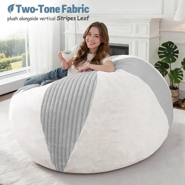 Alt view image 5 of 7 - 5FT Bean Bag Chairs Teardrop Bean Bag Chairs for Adults Beanbag Chair with Memory Foam Filled Soft Stripe Leaf alongside Plush Faux Fur Washable Cover for Dorm, Bedroom(Stripe LGY/WH)