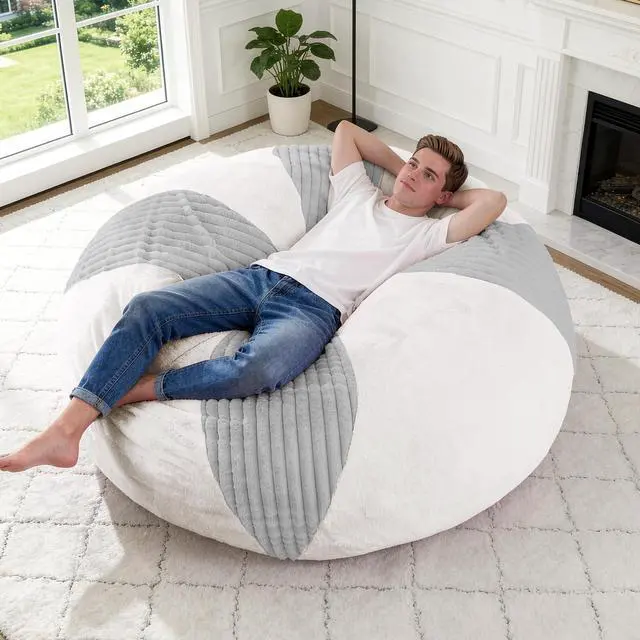 Alt view image 7 of 7 - 5FT Bean Bag Chairs Teardrop Bean Bag Chairs for Adults Beanbag Chair with Memory Foam Filled Soft Stripe Leaf alongside Plush Faux Fur Washable Cover for Dorm, Bedroom(Stripe LGY/WH)