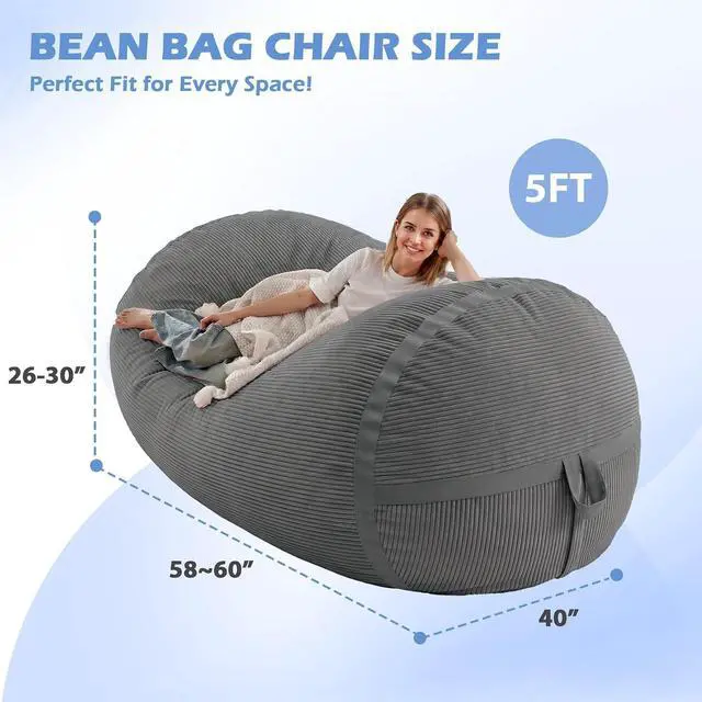 Alt view image 2 of 6 - Bean Bag Chair, 5FT Giant Bean Bag Chair with Memory Foam, Ultra-Soft Corduroy Cover & Zipper Design, Portable Handle Comfy Bean Bag Sofa for Living Room, Bedroom, No Assembly - Dark Grey