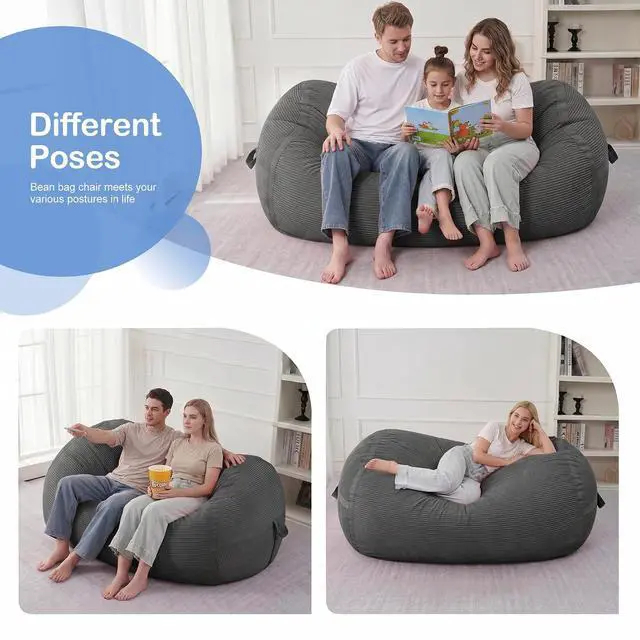 Alt view image 4 of 6 - Bean Bag Chair, 5FT Giant Bean Bag Chair with Memory Foam, Ultra-Soft Corduroy Cover & Zipper Design, Portable Handle Comfy Bean Bag Sofa for Living Room, Bedroom, No Assembly - Dark Grey
