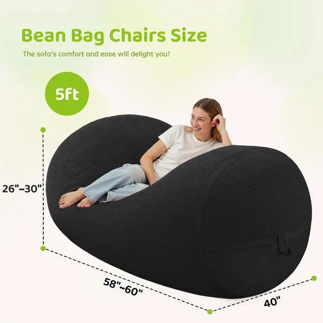 Alt view image 2 of 6 - Bean Bag Chair, 5FT Large Bean Bag Chair with Removable Cover, Comfy Beanbag Chair with Memory Foam Filling, Bean Bag Sofa for Living Room Bedroom Reading Room, Black