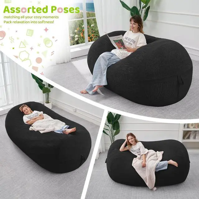 Alt view image 4 of 6 - Bean Bag Chair, 5FT Large Bean Bag Chair with Removable Cover, Comfy Beanbag Chair with Memory Foam Filling, Bean Bag Sofa for Living Room Bedroom Reading Room, Black
