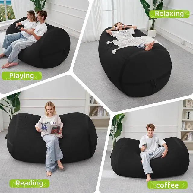 Alt view image 5 of 6 - Bean Bag Chair, 5FT Large Bean Bag Chair with Removable Cover, Comfy Beanbag Chair with Memory Foam Filling, Bean Bag Sofa for Living Room Bedroom Reading Room, Black