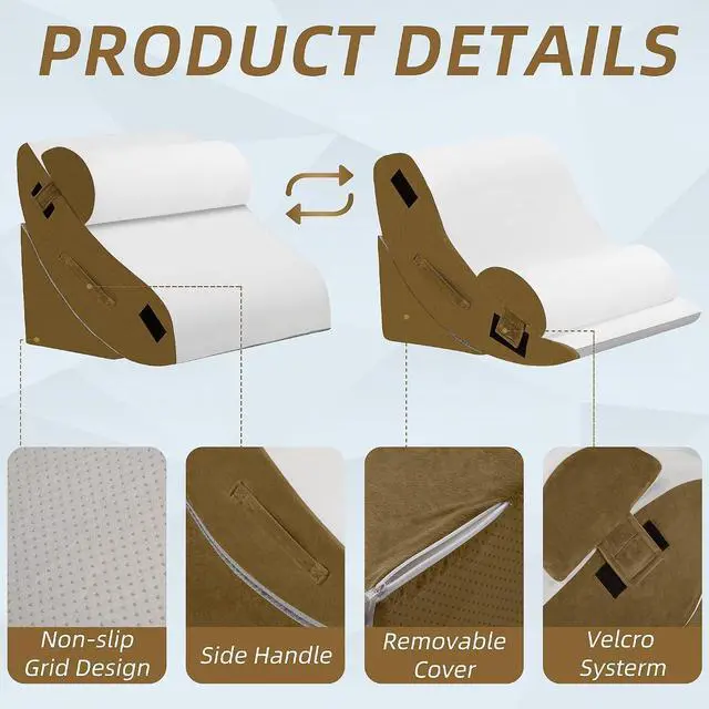 Alt view image 4 of 7 - 4Pcs Orthopedic Wedge Pillow, Bed Pillow for Sleeping, Post Surgery Foam Wedge Pillow for Back Pain Relief, Triangle Adjustable Support Pillow with Machine Washable Cover, Brown