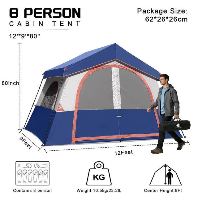 Alt view image 2 of 7 - 6-8 Person Camping Tent, Portable Cabin Tent for Camp, Windproof Fabric Easy Set Up Family Tent Outdoor for Hiking, Backpacking, Traveling
