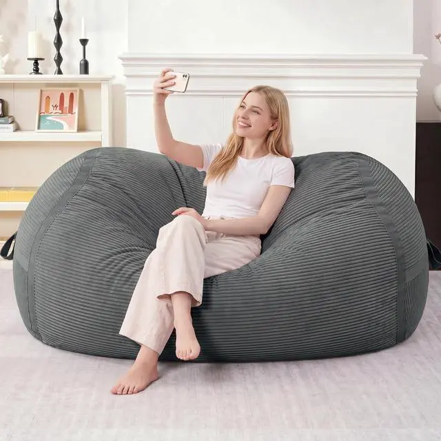 Alt view image 3 of 6 - Bean Bag Chair, 5FT Giant Bean Bag Chair with Memory Foam, Ultra-Soft Corduroy Cover & Zipper Design, Portable Handle Comfy Bean Bag Sofa for Living Room, Bedroom, No Assembly - Dark Grey