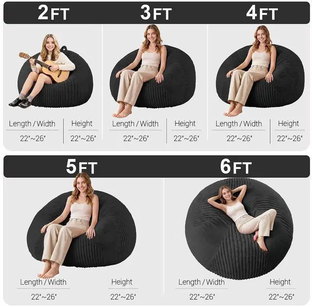 Alt view image 2 of 7 - 5FT Bean Bag Chairs Teardrop Bean Bag Chairs for Adults Beanbag Chair with Memory Foam Filled Soft Plush Leaf alongside Stripe Faux Fur Washable Cover for Dorm, Bedroom(Plush BK)