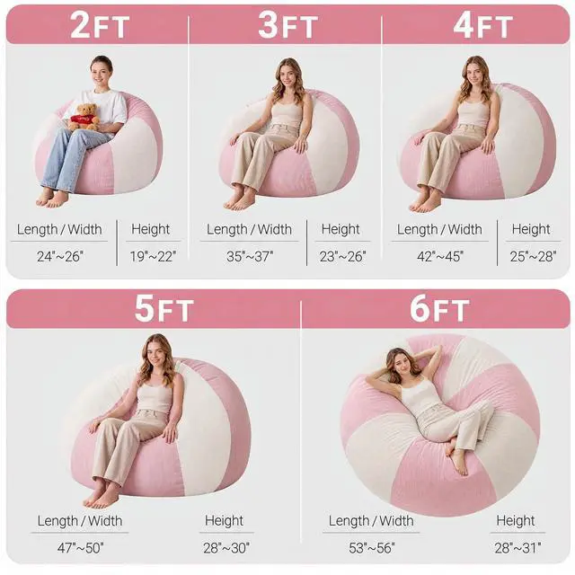 Alt view image 2 of 7 - 5FT Bean Bag Chair Teardrop Bean Bag Chairs for Adults beanbag with Memory Foam Filled with Dual-Tone Unique Combination Corduroy & Luxury Distressed Velvet Washable Cover,Velvet Pink & White