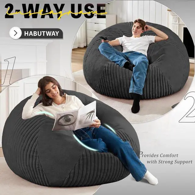 Alt view image 4 of 7 - 5FT Bean Bag Chairs Teardrop Bean Bag Chairs for Adults Beanbag Chair with Memory Foam Filled Soft Plush Leaf alongside Stripe Faux Fur Washable Cover for Dorm, Bedroom(Plush BK)
