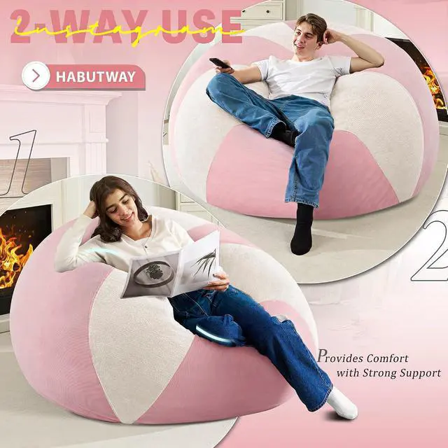 Alt view image 4 of 7 - 6FT Bean Bag Chair Teardrop Bean Bag Chairs for Adults beanbag with Memory Foam Filled with Dual-Tone Unique Combination Corduroy & Luxury Distressed Velvet Washable Cover,Velvet Pink & White
