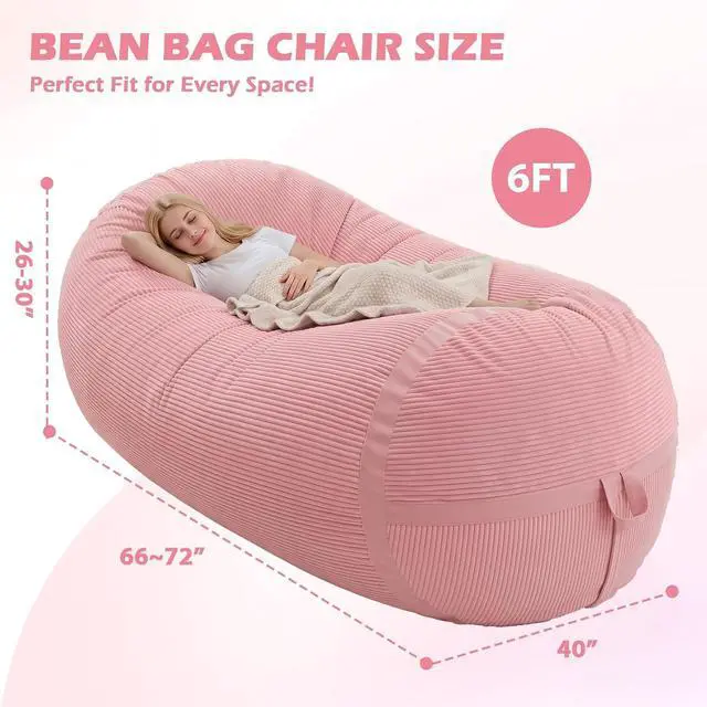 Alt view image 2 of 6 - Bean Bag Chair, 6FT Giant Bean Bag Chair with Memory Foam, Ultra-Soft Corduroy Cover & Zipper Design, Portable Handle Comfy Bean Bag Sofa for Living Room, Bedroom, No Assembly - Pink