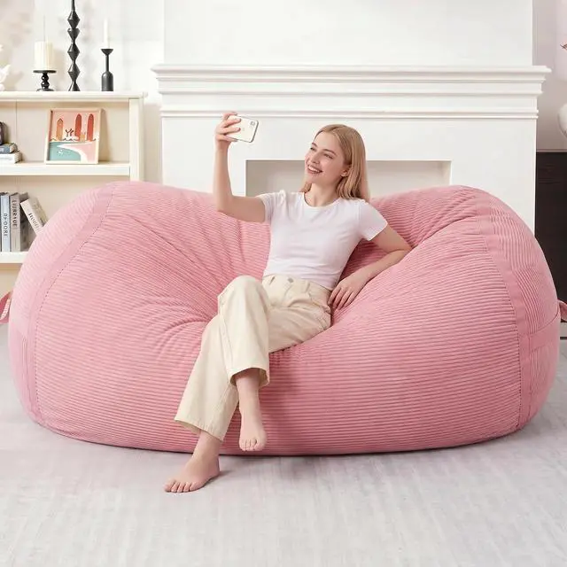 Alt view image 3 of 6 - Bean Bag Chair, 6FT Giant Bean Bag Chair with Memory Foam, Ultra-Soft Corduroy Cover & Zipper Design, Portable Handle Comfy Bean Bag Sofa for Living Room, Bedroom, No Assembly - Pink