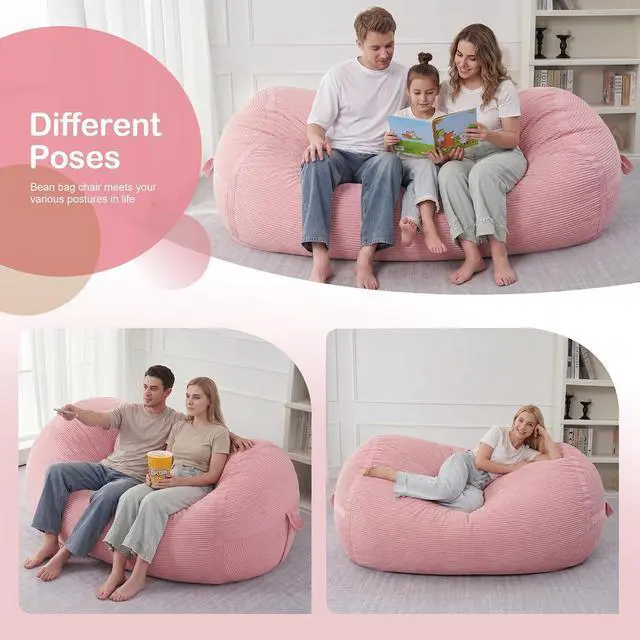 Alt view image 6 of 6 - Bean Bag Chair, 6FT Giant Bean Bag Chair with Memory Foam, Ultra-Soft Corduroy Cover & Zipper Design, Portable Handle Comfy Bean Bag Sofa for Living Room, Bedroom, No Assembly - Pink