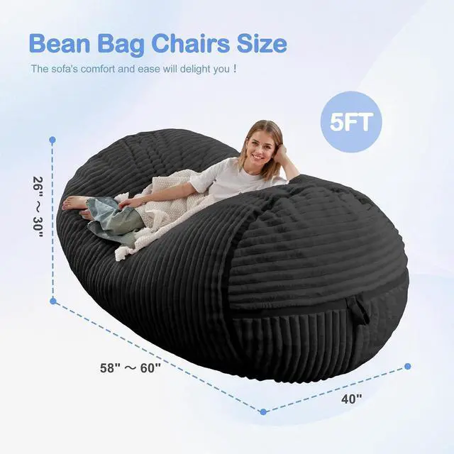 Alt view image 2 of 6 - Bean Bag Chair 5FT Giant Bean Bag Chairs for Adults with Memory Foam Filled,5'Beanbag Chair with Soft Faux Fur Cover,Comfy Bean Bag Sofa Lounger for Living Room,Game Room,Bedroom-Black
