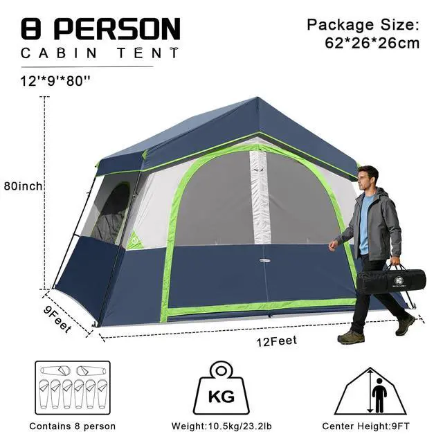 Alt view image 2 of 7 - 6-8 Person Camping Tent, Portable Cabin Tent for Camp, Windproof Fabric Easy Set Up Family Tent Outdoor for Hiking, Backpacking, Traveling