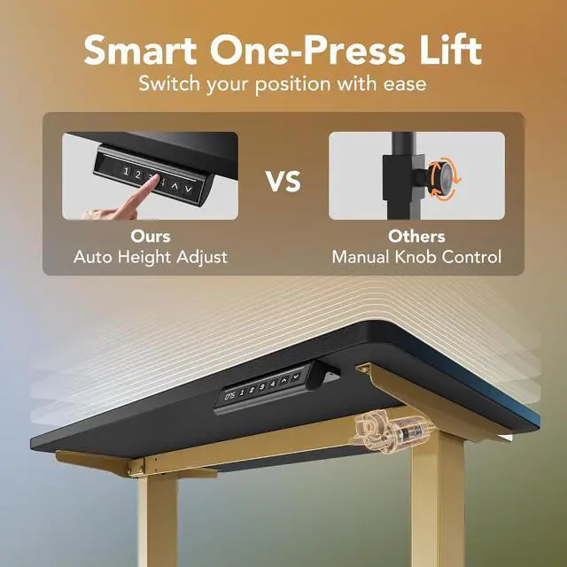 Alt view image 5 of 7 - 32" Small Electric Standing Desk Adjustable Height, 4 Memory Height Settings, Sit Stand Up Desk for Home Office & Computer Workstation, Black and Gold Frame