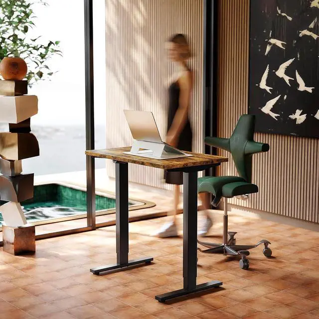 Alt view image 2 of 7 - 32" Small Electric Standing Desk Adjustable Height, 4 Memory Height Settings, Sit Stand Up Desk for Home Office & Computer Workstation, Vintage Brown