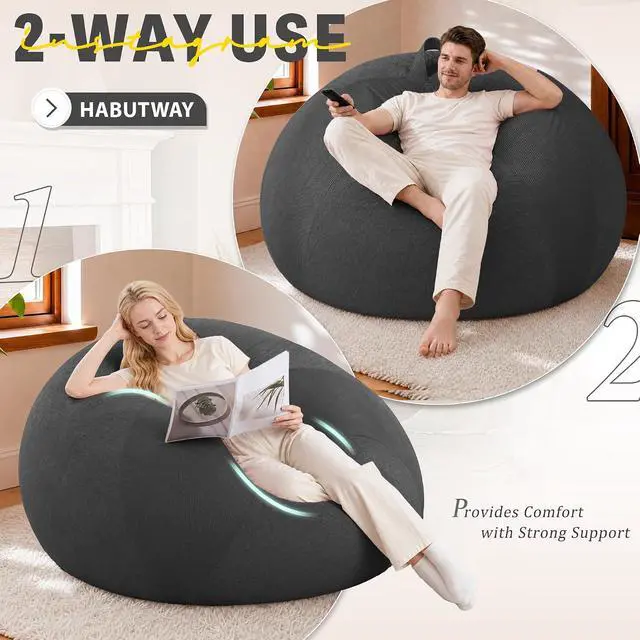 Alt view image 4 of 7 - 5FT Bean Bag Chair Teardrop Bean Bag Chairs for Adults beanbag with Memory Foam Filled with Dual-Tone Unique Combination Corduroy & Luxury Distressed Velvet Washable Cover,Corduroy Black