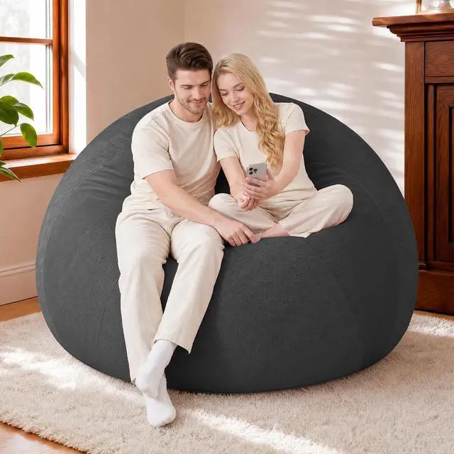 Alt view image 7 of 7 - 5FT Bean Bag Chair Teardrop Bean Bag Chairs for Adults beanbag with Memory Foam Filled with Dual-Tone Unique Combination Corduroy & Luxury Distressed Velvet Washable Cover,Corduroy Black