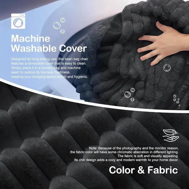Alt view image 6 of 6 - Bean Bag Chair 5FT Giant Bean Bag Chairs for Adults with Memory Foam Filled,5'Beanbag Chair with Soft Faux Fur Cover,Comfy Bean Bag Sofa Lounger for Living Room,Game Room,Bedroom-Black