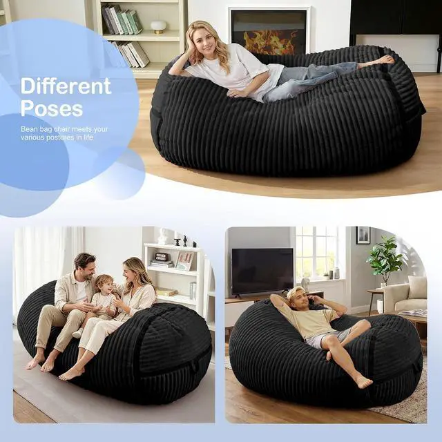 Alt view image 4 of 6 - Bean Bag Chair 5FT Giant Bean Bag Chairs for Adults with Memory Foam Filled,5'Beanbag Chair with Soft Faux Fur Cover,Comfy Bean Bag Sofa Lounger for Living Room,Game Room,Bedroom-Black