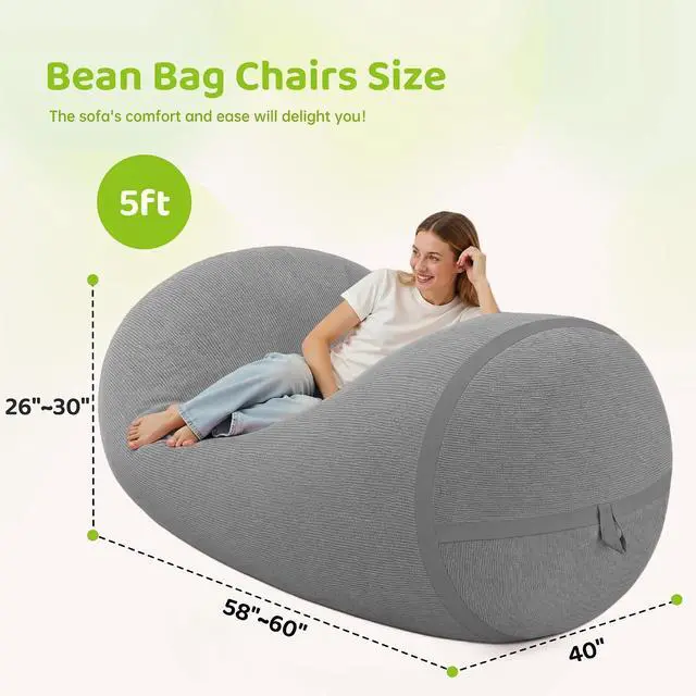 Alt view image 2 of 6 - Bean Bag Chair, 5FT Large Bean Bag Chair with Removable Cover, Comfy Beanbag Chair with Memory Foam Filling, Bean Bag Sofa for Living Room Bedroom Reading Room, Light Grey