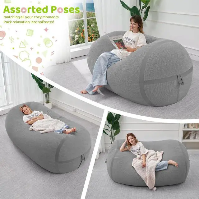 Alt view image 4 of 6 - Bean Bag Chair, 5FT Large Bean Bag Chair with Removable Cover, Comfy Beanbag Chair with Memory Foam Filling, Bean Bag Sofa for Living Room Bedroom Reading Room, Light Grey